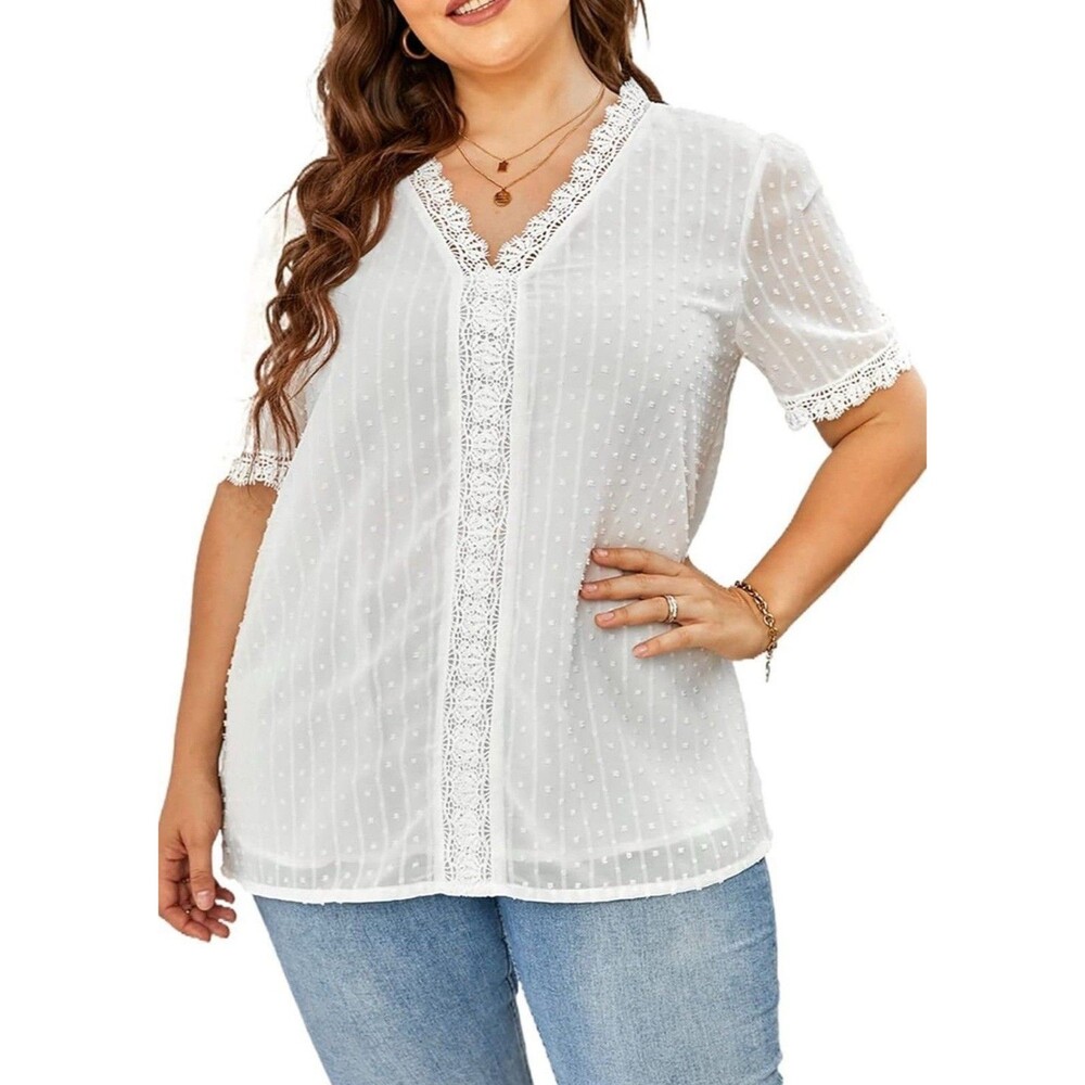 Womens Plus Size Tops Casual Summer Short Sleeve V Neck Lace 3XL White Blouse